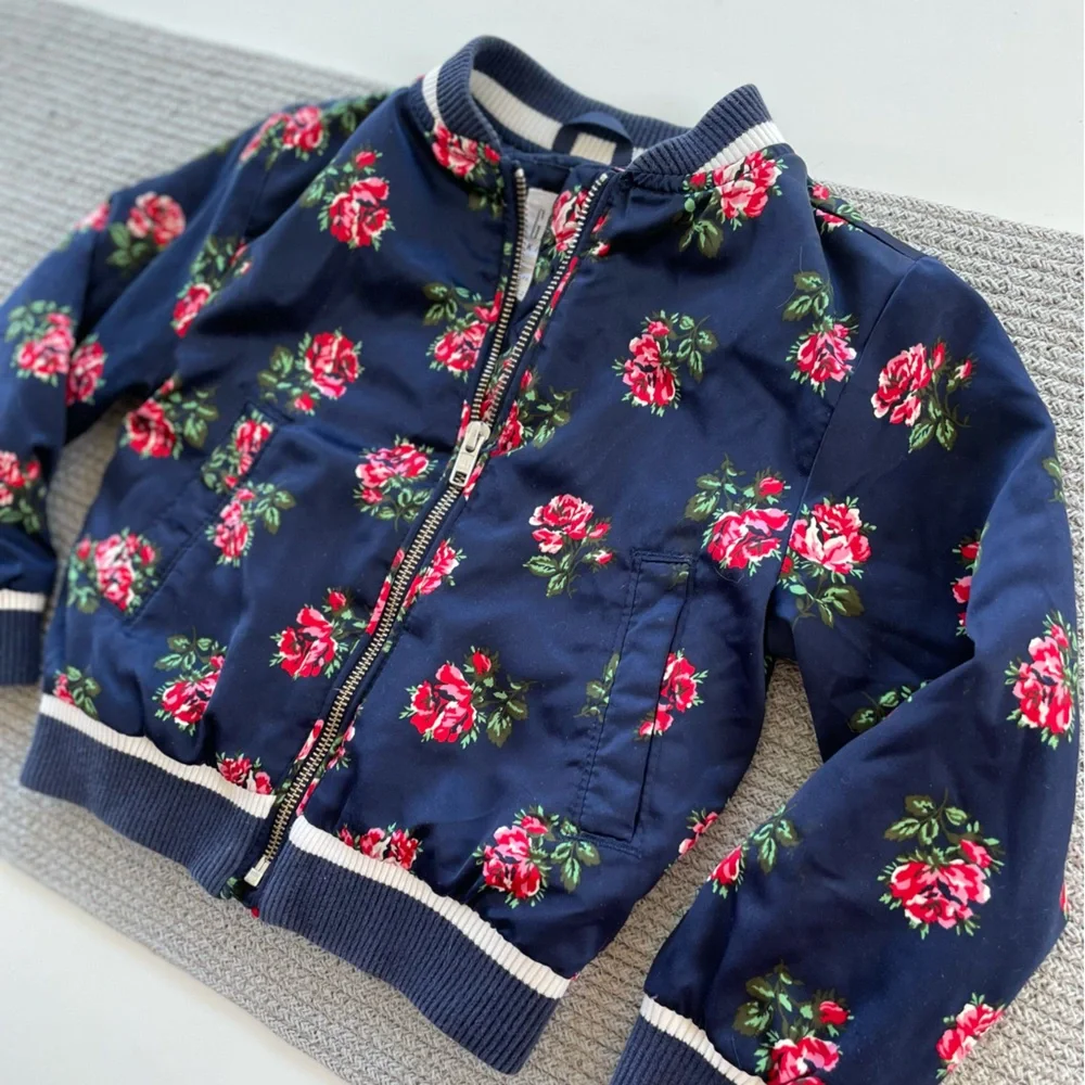 GAP Kids Navy Blue Rose Floral Silky Bomber Jacket Size XS (4-5)